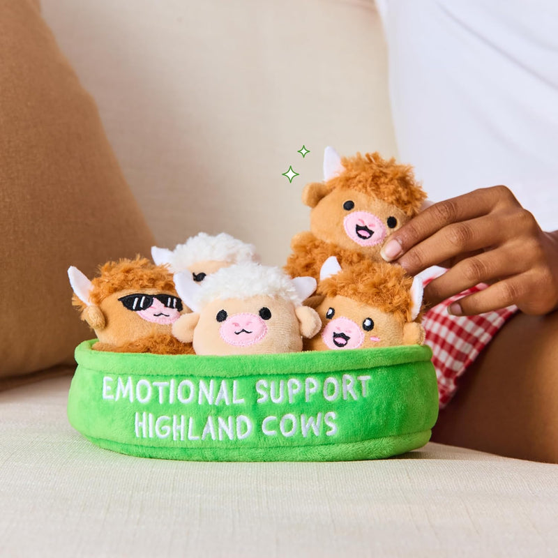Emotional Support Highland Cows by Relatable, Cuddly Stuffed Animals, Plushies, and Cute Stuff, Great Gift Ideas for Loved Ones of All Ages, Includes 5 Toys with Carrying Basket