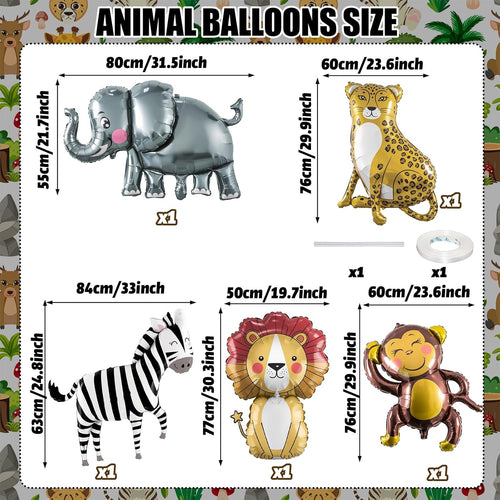 Jungle Safari Animals Balloons: Vibrant Foil Balloons for Kids' Wild One Zoo Birthday Party Decor