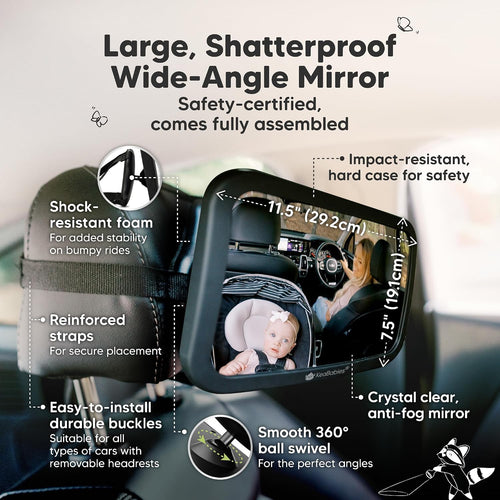 KeaBabies Baby Car Seat Mirror, Wide View, Shatterproof (Matte Black) | Backseat Infant Car Mirror for Baby Rear Facing, Crystal Clear View, Travel, Easy Install & Adjust for Removable Headrest