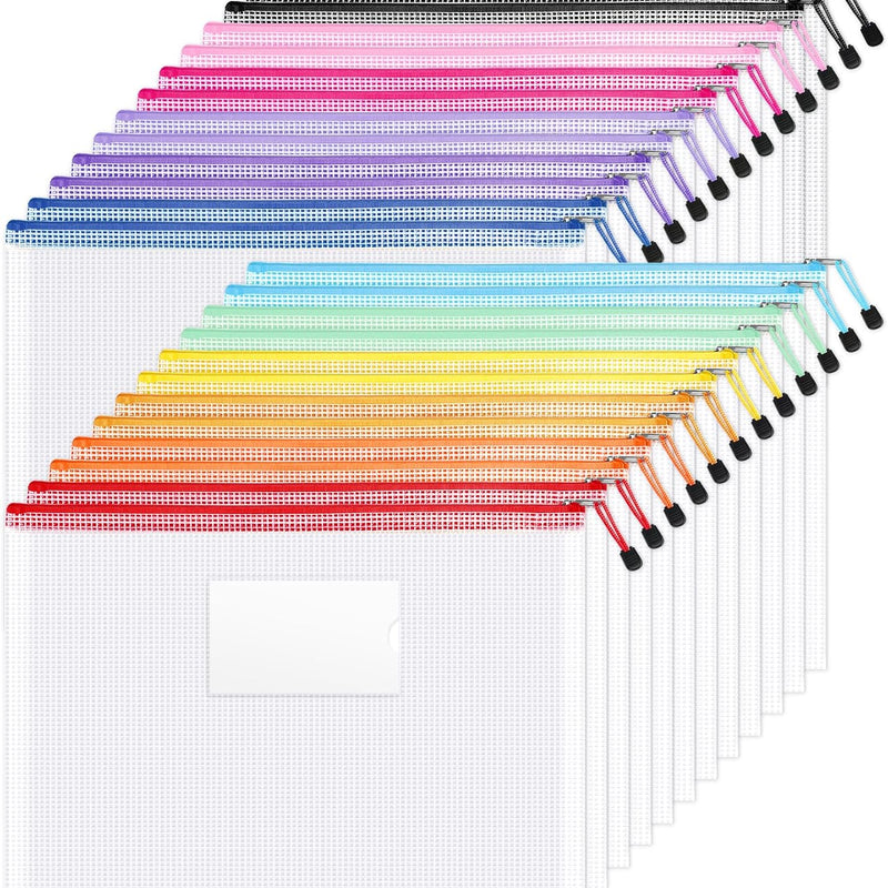 Sooez 24 Pack Mesh Zipper Pouch Bags with Label Pocket, A6 (9.1×4.7 in) Small Pencil Case Pouch for Organizing, Clear Plastic Pencil Pouches Bulk for School Supplies Storage, Money Envelopes for Cash