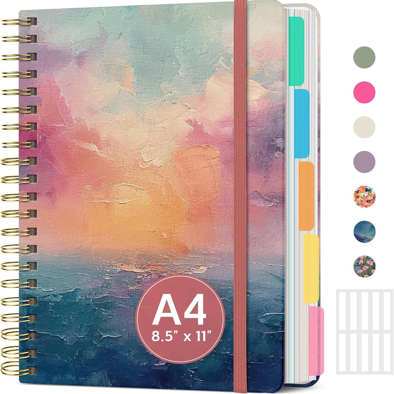 Large Spiral Lined Notebooks for Work with Removable Dividers & Tabs, 8.5"x11" Pretty Hardcover 5 Subject Notebook Journal for Women, College Ruled, Perfect for Study & Office Organization, 280 Pages,Wildflowers
