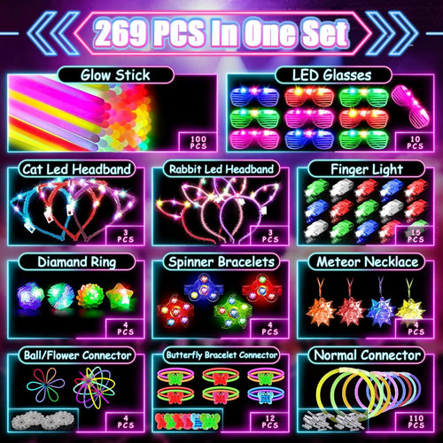 Mibote 269Pcs Led Light Up Party Favors for Kids and Adults with Glow in the Dark Accessories