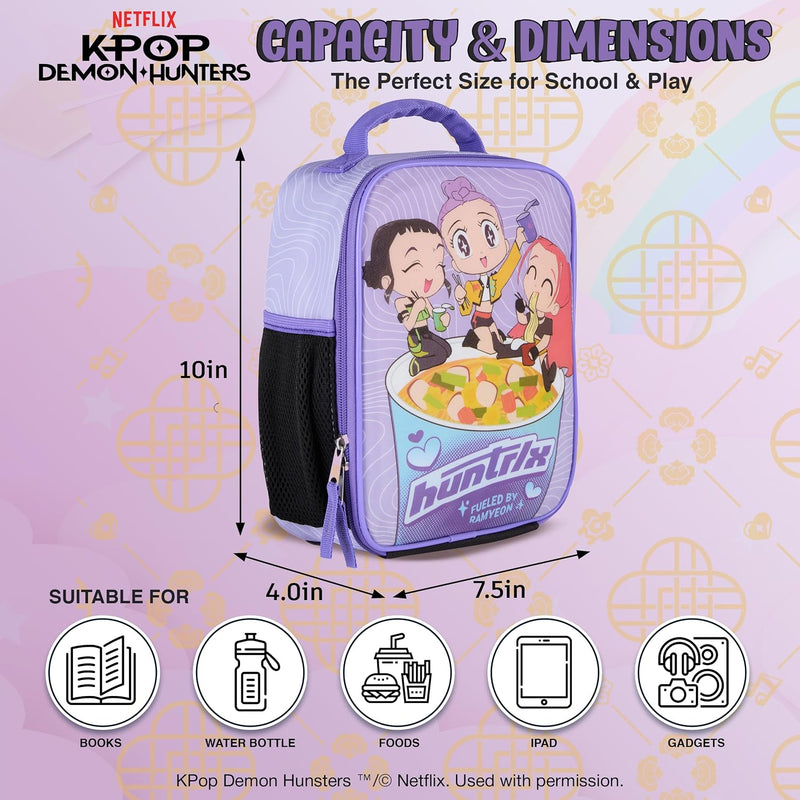 K-Pop Demon Hunters Huntrix Fueled by Ramyeon Lunch Box, Full Zip Around Insulated Lunch Tote Bag For Hot and Cold Food, Purple