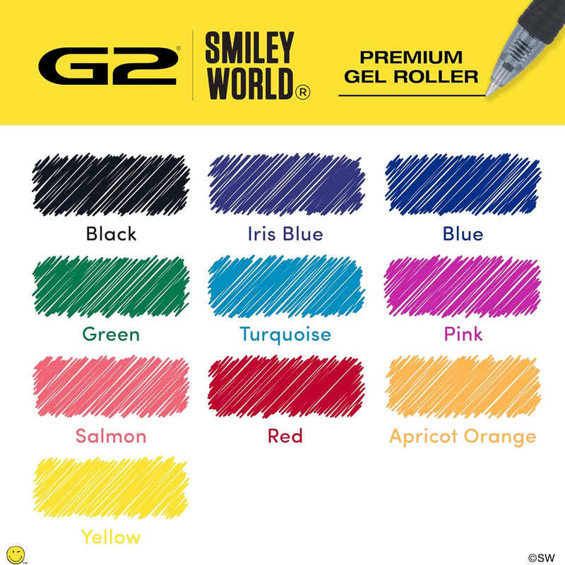 PILOT, G2 Premium Gel Roller Pens, G2 SmileyWorld Collection, Write Happier, 10 Pack Pouch, Fine Point 0.7 mm, Assorted