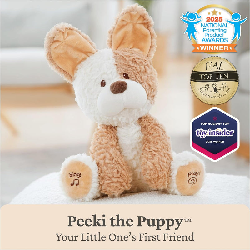 GUND Baby Peeki the Puppy Animated Plush, Singing Stuffed Animal, Sensory Toy for Babies and Toddlers, Plays Peek-a-Boo and Sings, Brown/Cream, 12”