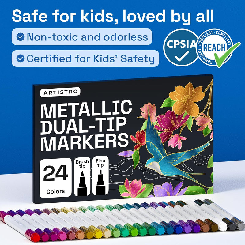 ARTISTRO 24 Metallic Acrylic Paint Markers - Paint Pens for Drawing - For Fabric, Rock, Glass, Wood, Molds - Arts & Crafts Gift for Adults, Teens, Kids, Classroom Must Haves & School Supplies