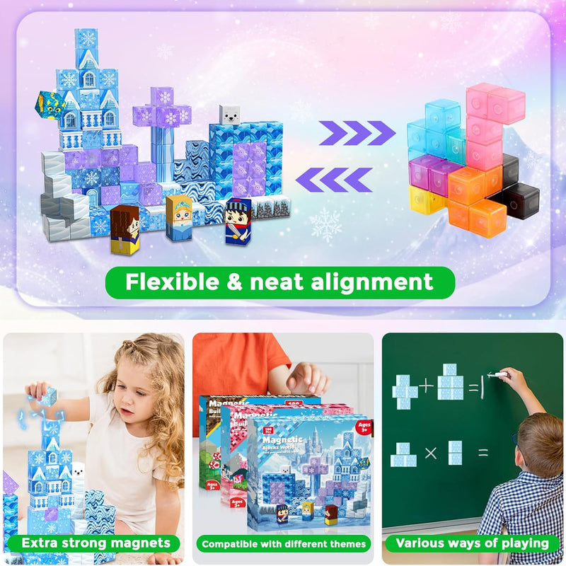Magnetic Blocks - 100Pcs 0.8in Magnetic Building Block for Kids Ages 4-8, Transparent Magnet Block Blue Princess Castle, Frozen Magnetic Cubes Tiles Princess Toy for Girl 3 4 5 6 7 8-12 Birthday Gift
