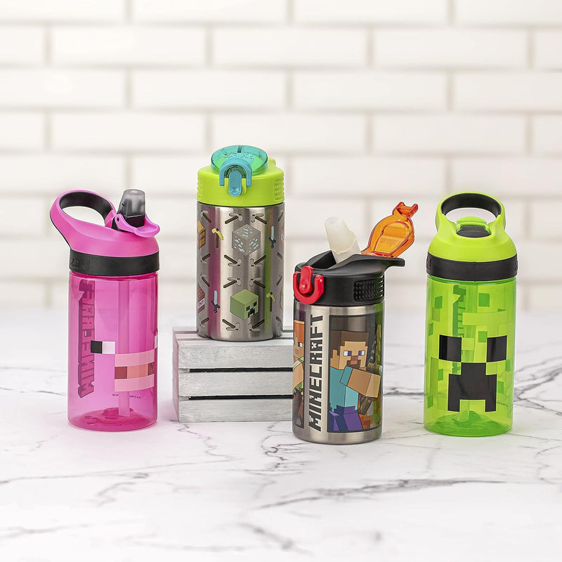 Zak Designs Minecraft Kids Water Bottle with Straw and Built in Carrying Loop Set, Made of Plastic, Leak-Proof Water Bottle Designs (Creeper/Pig, 16 oz, 2pc Set)
