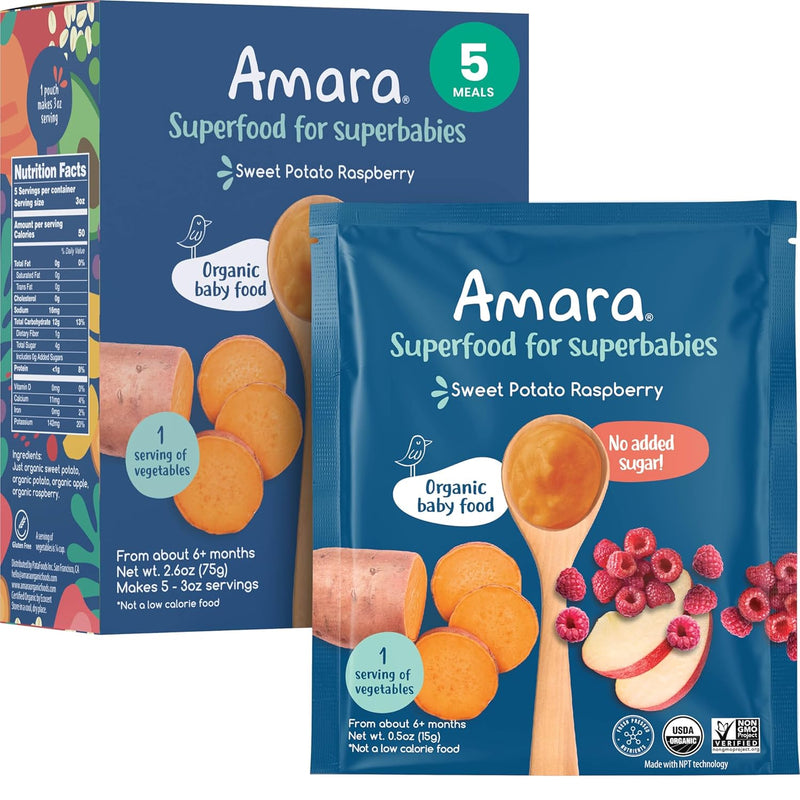 Amara Organic Baby Food - Stage 2 - Oats & Berries - Baby Cereal to Mix With Breastmilk & Water - Shelf Stable Baby Food Pouches Made from Organic Fruit and Veggies - 5 Pouches, 3.5oz Per Serving