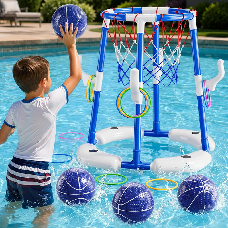 JUKUDAHU Pool Basketball Hoop, 2-in-1 Boy Pool Toys for Kids Ages 4-8 | Floating Pool Ring Game with 4 Balls and Pump, Outdoor Swimming Water Play Toy, Summer Water Toys for Kids Adults Age 3-12