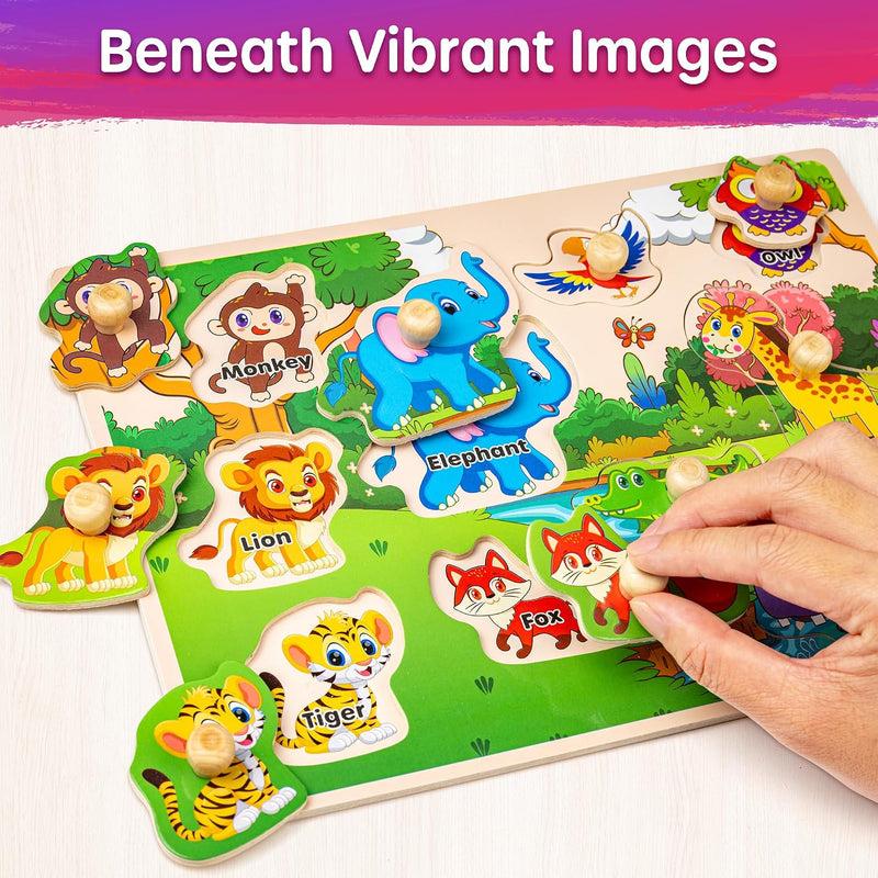 SYNARRY Wooden Puzzles for Toddlers 1-3, 6XSET Puzzles for Toddlers 2-4 with Rack, Learning Alphabet Number Animal Dinosaur Vehicle for Kids, Education Toys for 2 3 Years Boys Girls