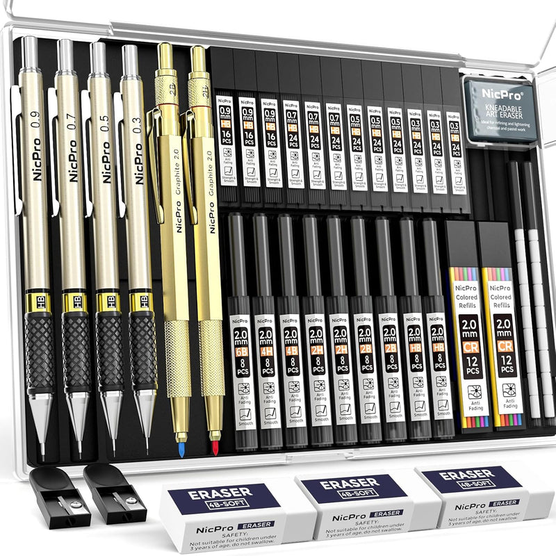 Nicpro 35PCS Art Mechanical Pencil Set, 3 PCS Metal Drafting Pencil 0.5 mm & 0.7 mm & 0.9 mm & 3 PCS 2mm Lead Holder (6B 4B 2B HB 2H 4H Colors) For Sketching Drawing With 20 Tube Lead Refills Case