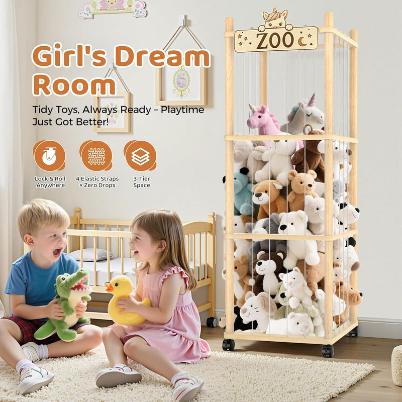 Stuffed Animal Storage Zoo Tower,56In Wooden Large Stuffed Animal Holder Organizer with Wheels,Stuffy Plushies Storage with Elastic Band&Mesh Bottom,Toy Storage Organizers for Playroom Bedroom Nursery