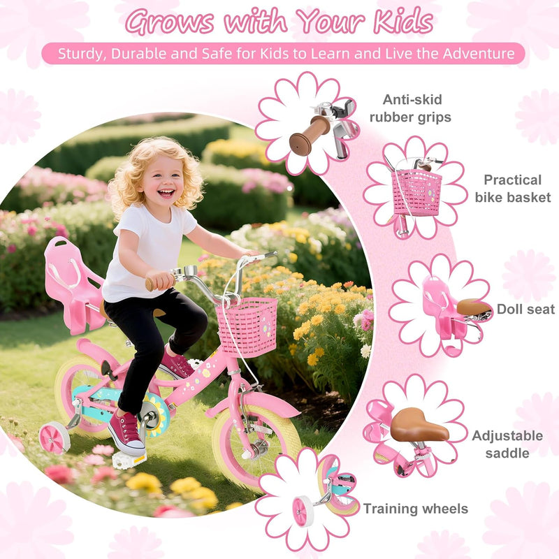 XJD Girls 12-16 Inch Kids Bike with Training Wheels, Streamers, and Adjustable Seat
