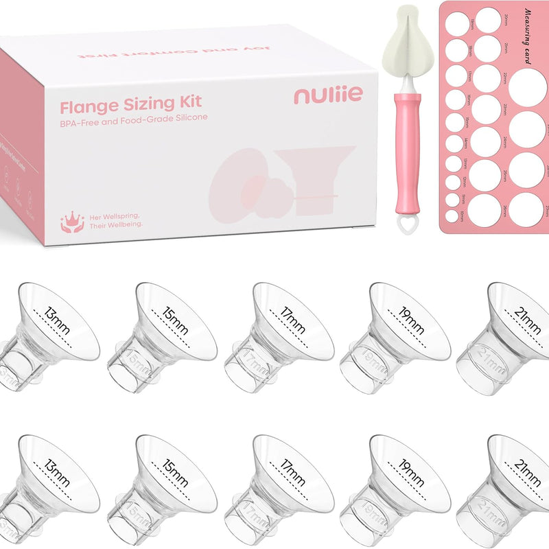 Nuliie Silicone Flange Inserts 13/15/17/19/21mm 10PCS for 24mm Breast Pump | Compatible with Spectra, Includes Nipple Sizer for Flanges for Accurate Sizing, Boosts Pumping Efficiency & Comfort, BPA-free