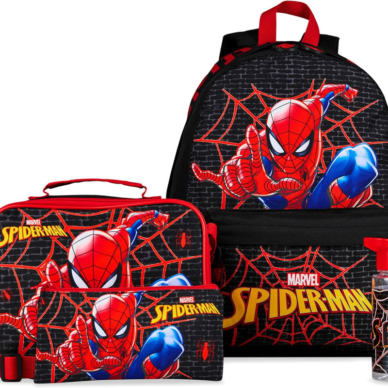 Marvel Spiderman Backpack Lunch Box Water Bottle Pencil Case 4 pc Set for Boys Girls Bookbag Picnic Backpacks Gifts for Kids