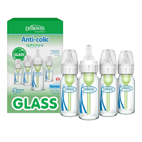 Dr. Brown's Anti-Colic Options+ Narrow Glass Baby Bottle with Level 1 Slow Flow Nipple, BPA-Free, 4 oz/120mL, 4-Pack