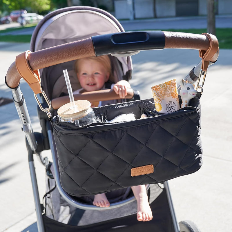 Beautiful Stroller Caddy Organizer With 2 Cup Holders - Zipper Pocket Bag | Luxury Stroller Bag with Universal Fit and Leather Straps - Spacious Accessories Perfectly Fits Doona, Nuna and Uppababy