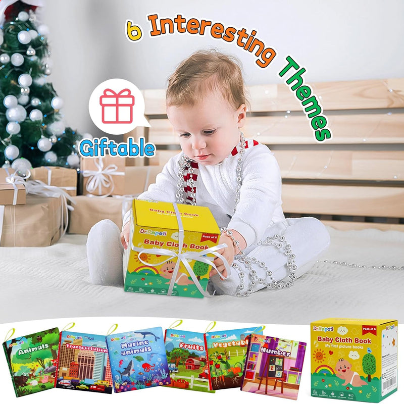Dr.Rapeti 6-pack soft cloth baby books with crinkle squeaky washable non-toxic early educational themes for kids
