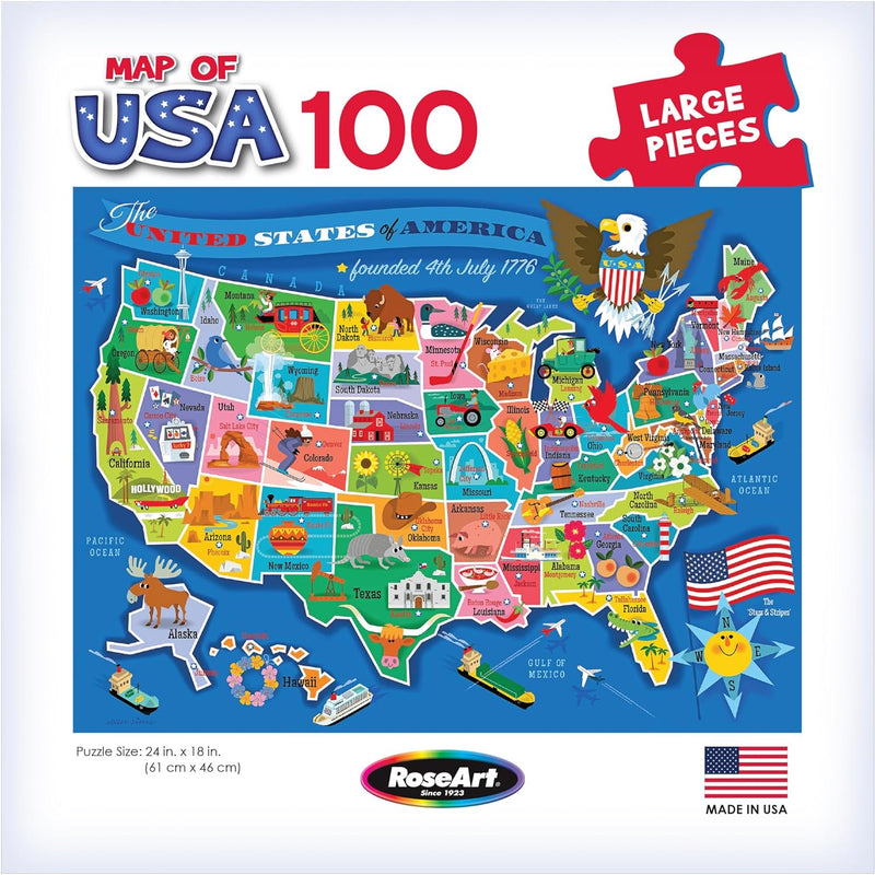 RoseArt Educational Map of USA Jigsaw Puzzle for Kids, 100 Large Durable Pieces, Fun State Illustrations, Made in USA, Learning Toy for Ages 6+, Finished Size 24 x 18 Inches.