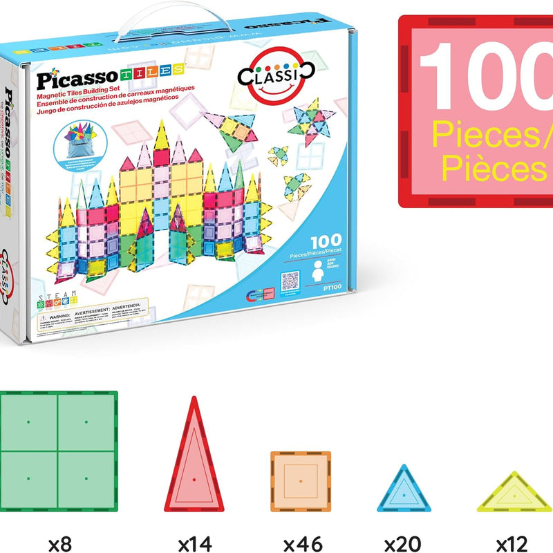 PicassoTiles 100 Piece Set Clear Magnetic 3D Blocks for Kids Creativity Building Playboards Educational