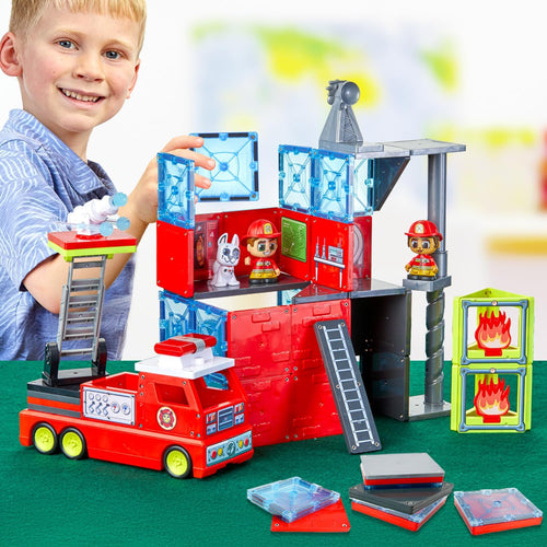 Tile Town Fire Station Magnetic Tiles Set, 66 Piece Kids Magnet Toy, Innovative Action Play Magnetic Tile Building Set Ages 3-6, Amazon Exclusive