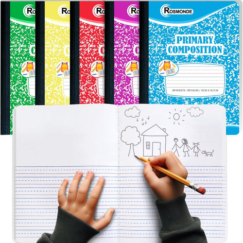 Rosmonde 5 Pack Primary Composition Notebook, 200 Pages (100 Sheets), Drawing Story Journal Writing Notebook, 9-3/4 x 7-1/2, Primary Composition Notebooks, Grades K-2, With Header For Drawing