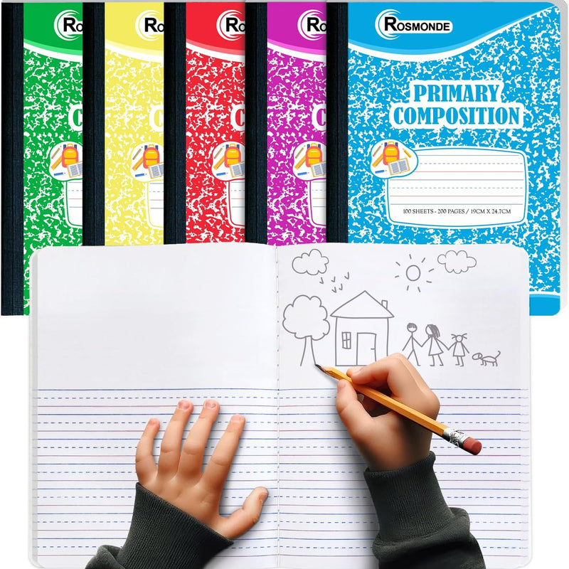 Rosmonde 5 Pack Primary Composition Notebook, 200 Pages (100 Sheets), Drawing Story Journal Writing Notebook, 9-3/4 x 7-1/2, Primary Composition Notebooks, Grades K-2, With Header For Drawing