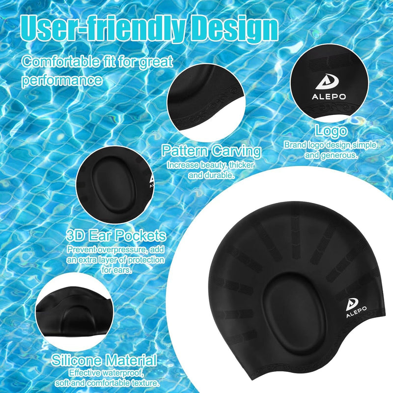 Alepo 2 Pack Kids Swim Caps for Boys Girls, Durable Silicone Swimming Cap with 3D Ear Pockets for Age 3-15 Toddler Child Youth Teen, Unisex Swim Bath Hats for Short/Long Hair with Ear Plugs Nose Clip