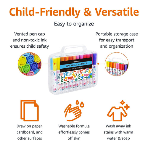 Amazon Basics Washable Markers for Kids, Fine Tip Assorted Colors, Non-Toxic Drawing and Coloring School Supplies Set, Pack of 24