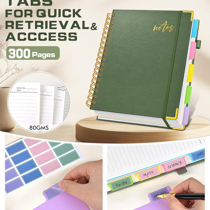5 Subject Spiral Notebook Journal with Removable Dividers Tabs, 300 Pages Organizer Notebooks for Work School, 8"x10" Hardcover Leather Notebook College Ruled, Large Lined Journal for Women Men,Green