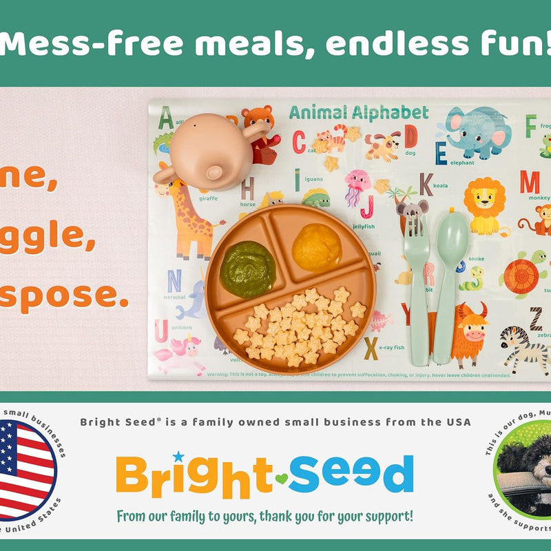 Bright Seed Disposable Placemats for Baby & Toddlers, Learning Mat- Animal1 | 40 Disposable Placemats, ABC, Numbers & Animal Learning, Perfect for Restaurants & Travel, Helps Keep Tables Clean