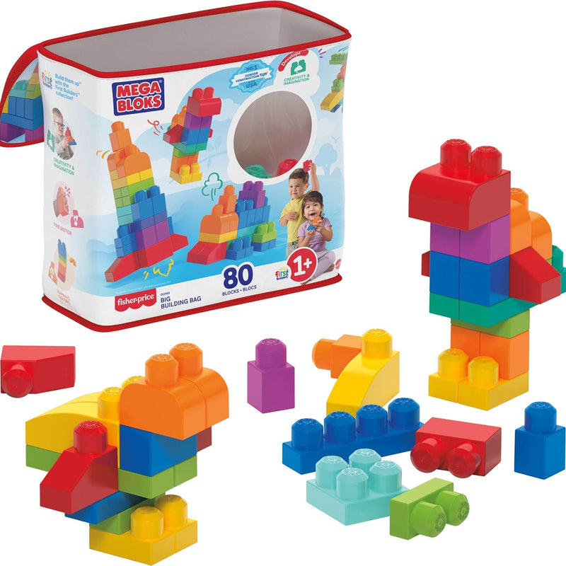MEGA BLOKS First Builders Toddler Blocks Set - 80 Pieces, Big Bag, Ages 1+, Blue