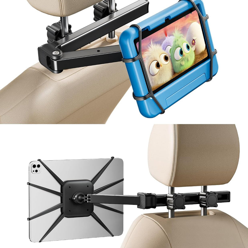 FANGOR Car Headrest Mount Holder, Tablet Holder for Kids in Back Seats, Anti-Slip Strap and Holding Net,Angle-Adjustable/Fits All 7 Inch to 12.9 Inch Tablets