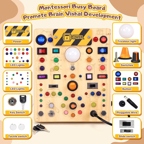 Montessori Toy: 19-Switch Busy Board with LED Lights, Sensory Exploration for Toddlers 1-3 Years