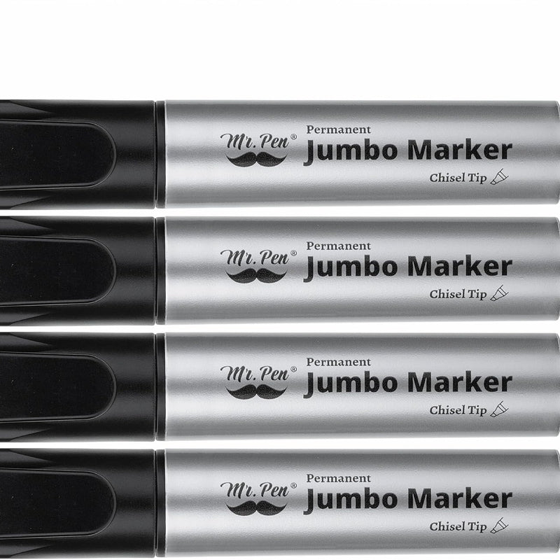 Mr. Pen- Jumbo Permanent Markers, 4 Pack, Black, Chisel Tip | Wide Tip, Large, Thick Permanent Markers for Canvas, Posters Board, Fabric, Window, Glass, Wood, Waterproof, Quick Dry