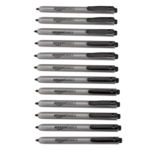Amazon Basics Retractable Permanent Markers, Quick Drying Fade Resistant Ink, Versatile Art Supplies for Drawing, Black, 12 Count