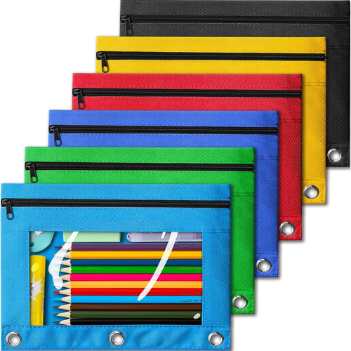 V-Opitos Pencil Pouch for 3 Ring Binder, Bulk 6 Pack 3-Holes Zipper Pencil Pouches in Assorted Colors, Sturdy and Durable Cloth Pencil Case with Clear Window for Office School College Supplies