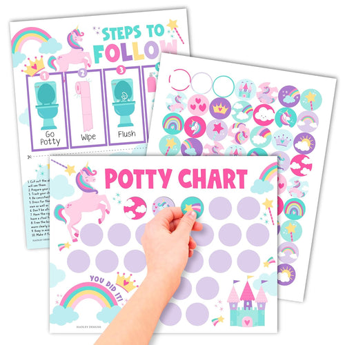 Hadley Designs Potty Training Chart for Toddlers Girls -10 Sticker Potty Chart for Toddlers Girls, 8.5x11" Potty Training Sticker Charts for Toilet Success, Unicorn Toddler Reward Chart for Kids