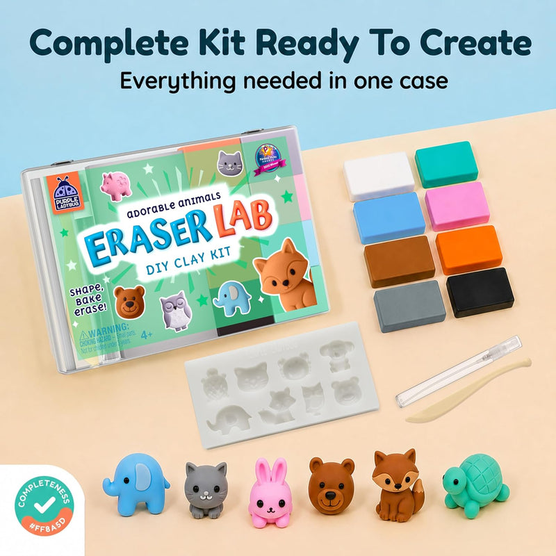 DIY Clay Cute Mini Animal Eraser Kit for Kids Ages 4-12 | Birthday Gifts for Girls & Boys, Students Desk Pet Animals, Make Your Own Erasers, Arts and Crafts