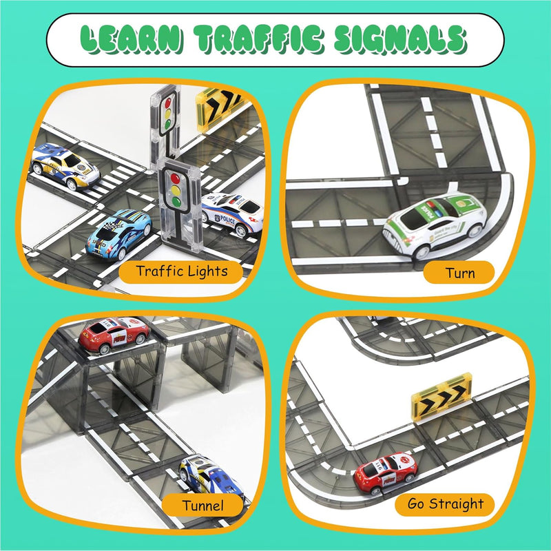Magnetic Tiles Road Set with Pullback Car, Compatible with Major Brands, Ages 4-8, STEM Building Toy for Kids