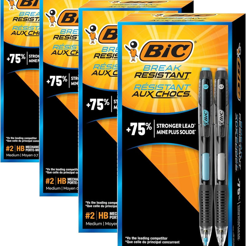 BIC Break Resistant Mechanical Pencils with Erasers, No. 2 Medium Point (0.7mm), 4-Count Pack Pencils for School or Office Supplies, Lead and Eraser Refills
