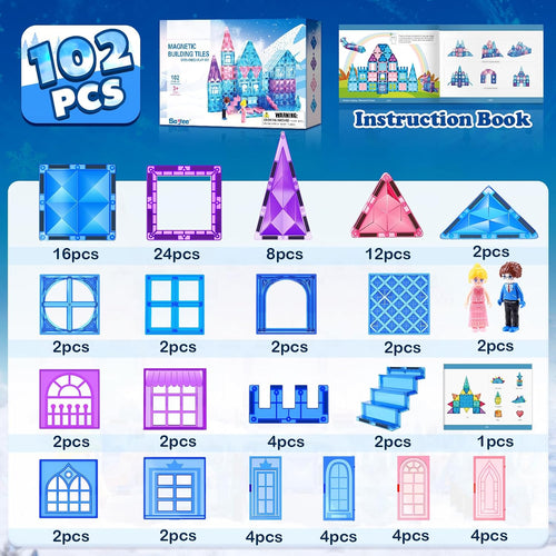 Magnetic Tiles 102pcs with 2 Stairs 2 Dolls Princess Castle Building Girls Toys Age 4-5 6-8 Magnetic Blocks Birthday Xmas Gifts for Girls Toys for 3 4 5 6 7 8+ Year Old
