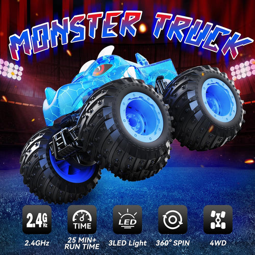 AUUGUU Remote Control Monster Truck with 2.4GHz and Light Spray for Kids 3+ Years Old, All-Terrain RC Car