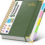 5 Subject Spiral Notebook Journal with Removable Dividers Tabs, 300 Pages Organizer Notebooks for Work School, 8"x10" Hardcover Leather Notebook College Ruled, Large Lined Journal for Women Men,Green