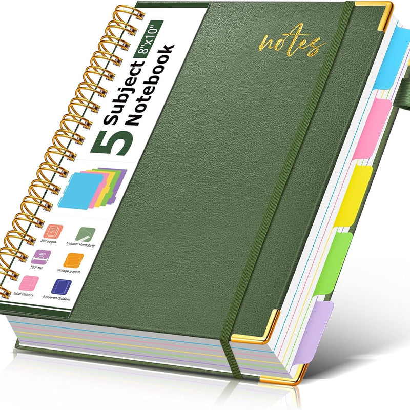 5 Subject Spiral Notebook Journal with Removable Dividers Tabs, 300 Pages Organizer Notebooks for Work School, 8"x10" Hardcover Leather Notebook College Ruled, Large Lined Journal for Women Men,Green