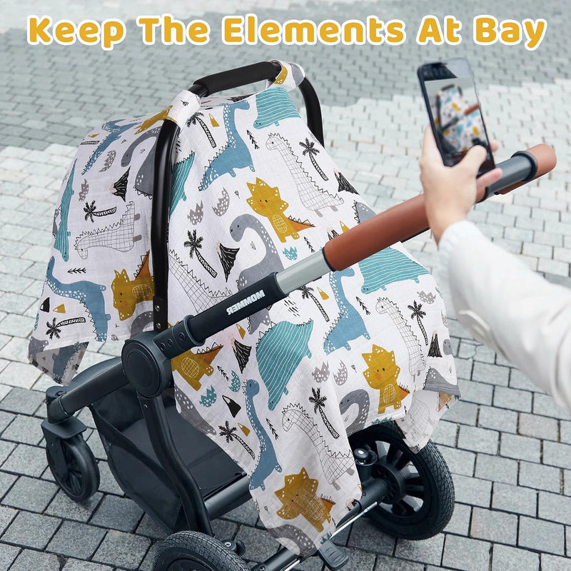 Rquite Car Seat Cover Baby Boy, Breathable Muslin Infant Carseat Canopy | 100% Muslin Cotton, Lightweight Breathable Soft, 47.2″ × 35.4″ Large Size, Stroller Sun Shade for Summer Hot Day, Dinosaur