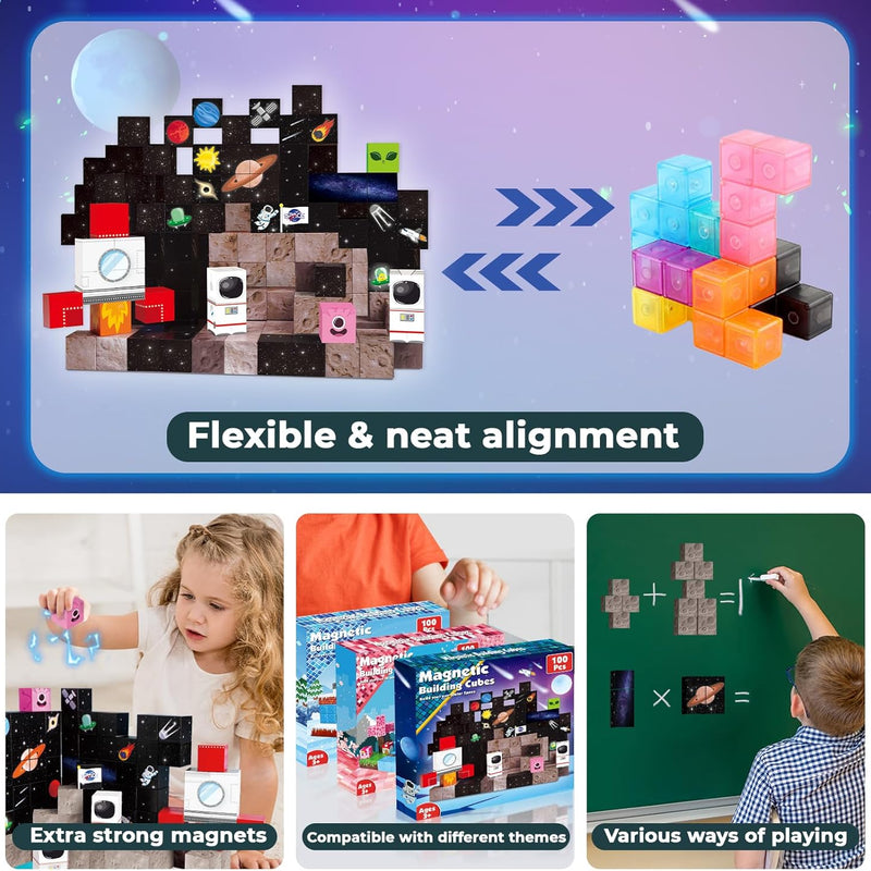 Goody King 100PCS Space Rocket Magnetic Building Blocks |Space Adventure Magnetic Blocks Set, STEM Montessori Stacking Toy, Building Playsets for Boys and Girls Ages 3-10,Sensory Tile Birthday Gifts