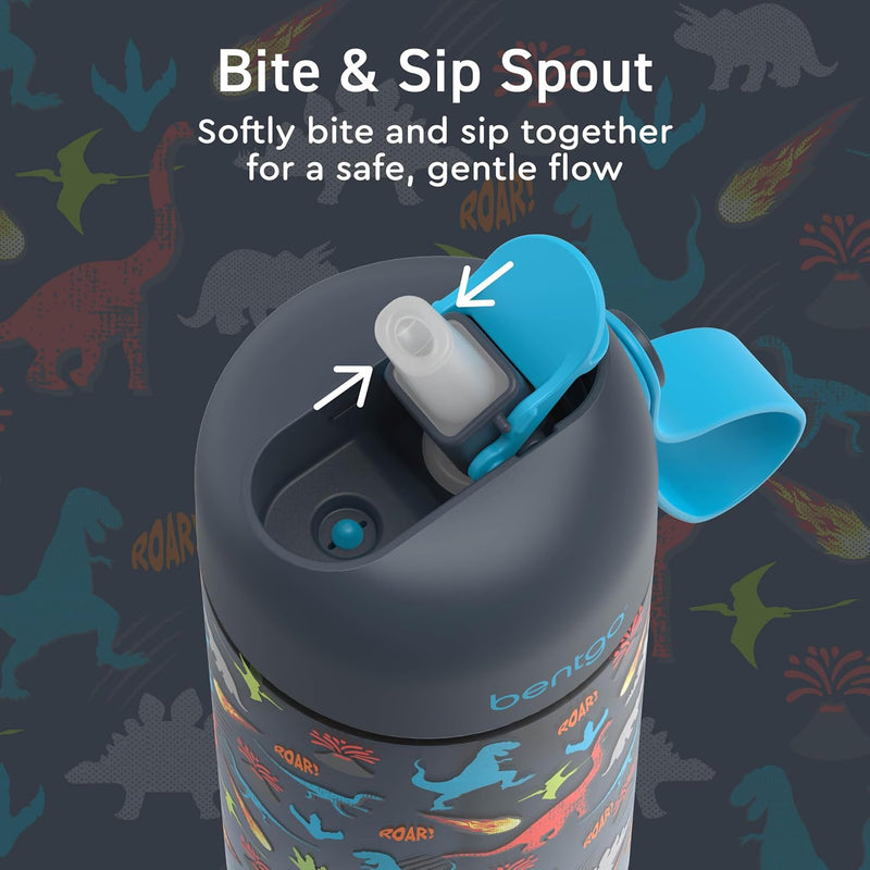 Bentgo Kids Water Bottle 2-Pack, Leak-Proof, 15 oz, Bite & Sip Spout | Durable Tritan, BPA-Free, Shatter-Resistant, Carry Handle, Top-Rack Dishwasher Safe (Dinosaur/Dino Fossils)