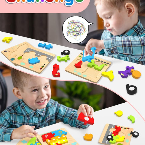 Yetonamr wooden toddler puzzles, 6 vehicle shape montessori toys for 1-3 year old boys and girls, high-quality and safe